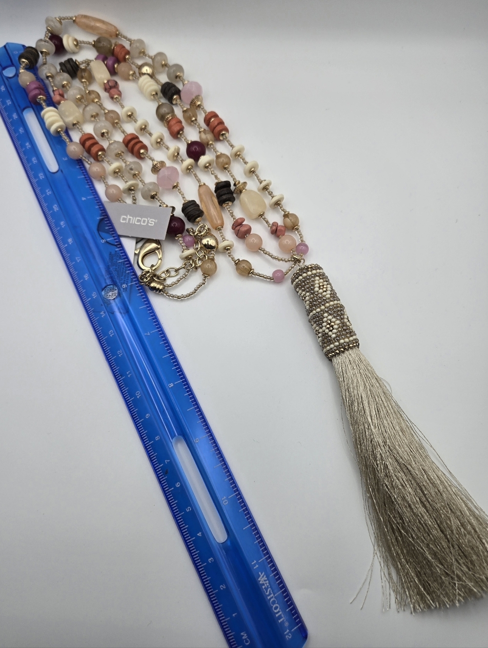 NWT Chico's Mirai Multi Neutral Tassle Necklace Long Boho Summer Pink Goldtone - Picture 4 of 5